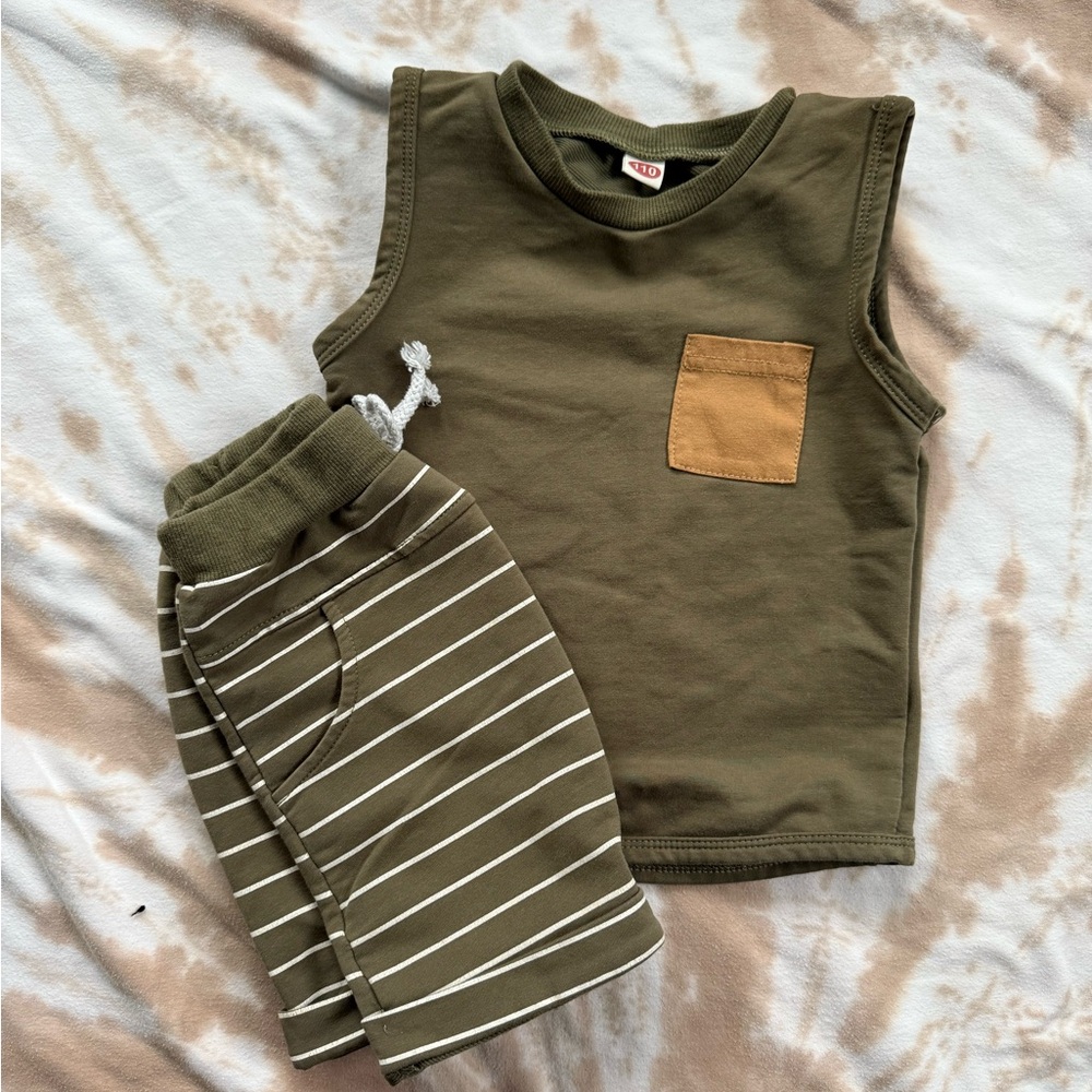 Olive Green Sleeveless Kids Top with Pocket and Shorts Set